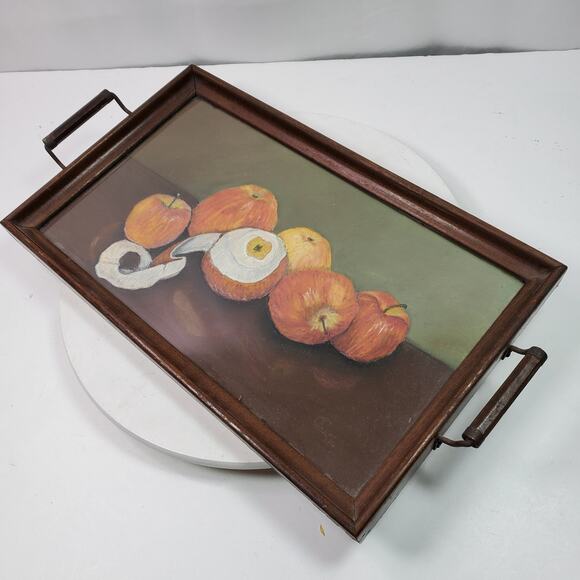 Antique Serving Tray Wall Art Fruit Under Glass Wood w/ Handles 17x10 Inch - Picture 1 of 7